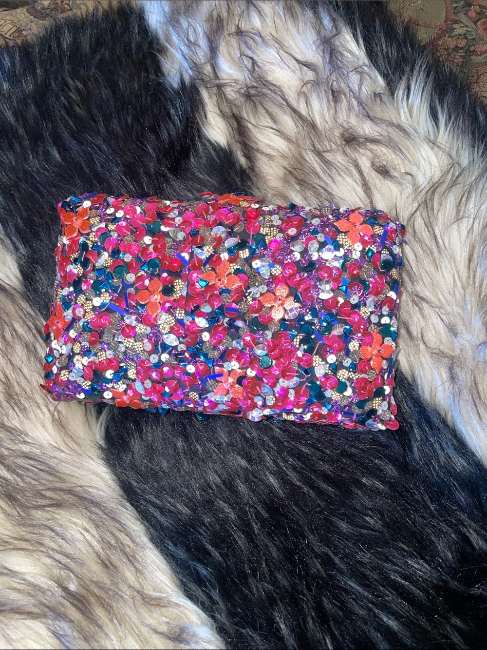 Beaded Floral Sequin Clutch - Pink Multi with chain for purse carry